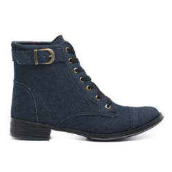 Botas Coturnos Femininos Cano Curto Fivela C/ Cadarço Ajustável Salto Baixo - Azul