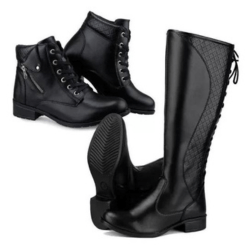 Kit 2 Botas Femininas Coturno Montaria Zíper Cadarço Moderna - Preto