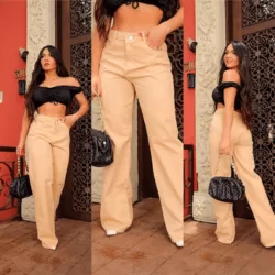 Calça Jeans Feminina Wide Leg Bege Cintura Alta