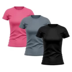 Kit 3 Camiseta Feminina Dry Proteção Solar UV Lisa Treino Academia Passeio Ciclismo Camisetas - Preto+Rosa