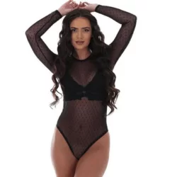 Body Tule Poá Frimodas Transparente Manga Longa - Preto